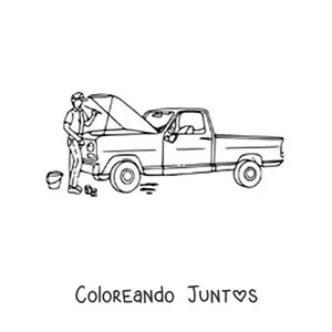 Imagen para colorear de un mecánico reparando una camioneta pickup con el capó abierto