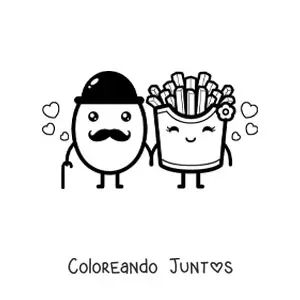 Imagen para colorear de pareja de papa con bigote y papas fritas animadas