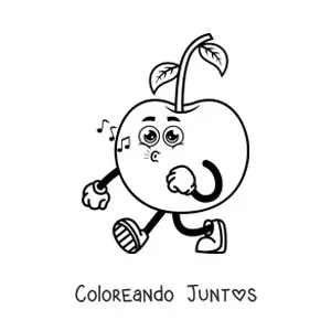 Imagen para colorear de una cereza animada caminando y silbando