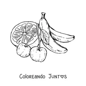 Imagen para colorear de dos cerezas con una naranja y bananas atrás