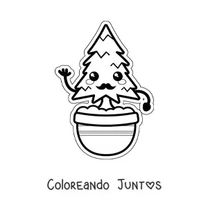 Imagen para colorear de pino kawaii animado con bigote en una maceta
