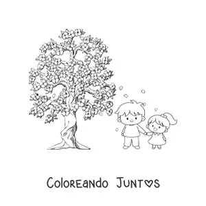 Imagen para colorear de niños y árbol de cerezo