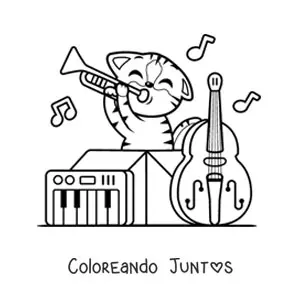 Gato kawaii animado tocando instrumentos musicales