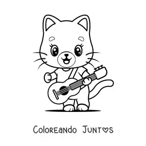Imagen para colorear de gato animado kawaii tocando guitarra