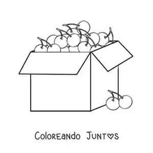 Imagen para colorear de una caja llena de cerezas y dos cerezas afuera