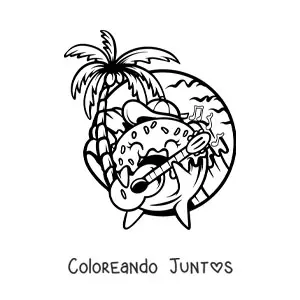 Imagen para colorear de dona animada tocando guitarra en la playa