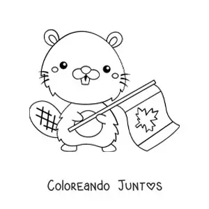Imagen para colorear de castor kawaii con bandera de Canadá