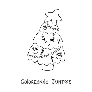 Imagen para colorear de árbol de Navidad kawaii animado con bastones