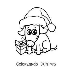 Imagen para colorear de perro kawaii con regalo de Navidad