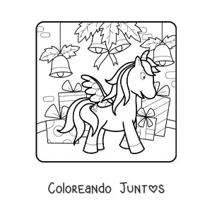 Imagen para colorear de unicornio con campanas de Navidad