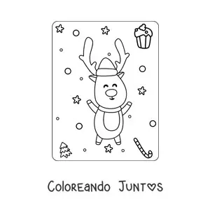 Imagen para colorear de reno de Navidad animado con gorro