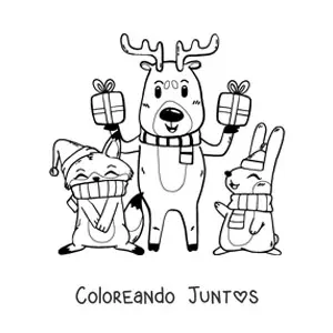 Imagen para colorear de reno de Navidad con animales kawaii y regalos