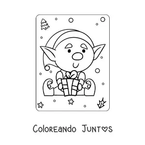 Imagen para colorear de elfo de Navidad animado sentado con regalo