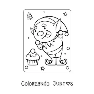 Imagen para colorear de elfo de Navidad animado con dulce