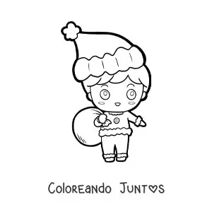 Imagen para colorear de niño kawaii con gorro de Navidad y saco de regalos