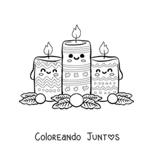 Imagen para colorear de velas de Navidad kawaii animadas con motivos navideños