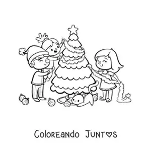 Imagen para colorear de familia kawaii con gato decorando el árbol de Navidad