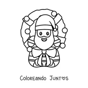 Imagen para colorear de corona de Navidad con Santa kawaii