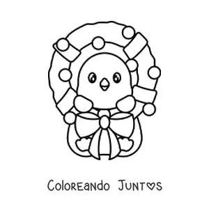 Imagen para colorear de corona de Navidad con pingüino kawaii