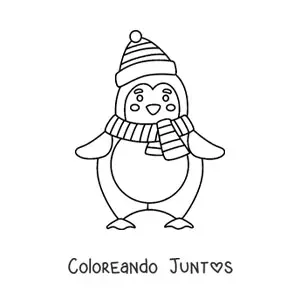Imagen para colorear de pingüino kawaii con gorro de Navidad