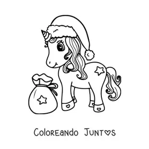Imagen para colorear de unicornio kawaii con gorro de Navidad