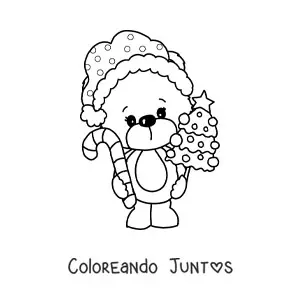 Imagen para colorear de oso de Navidad con árbol de Navidad y bastón de caramelo