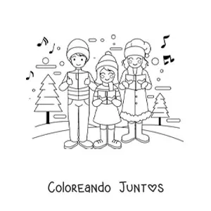 Imagen para colorear de familia cantando villancicos en Navidad