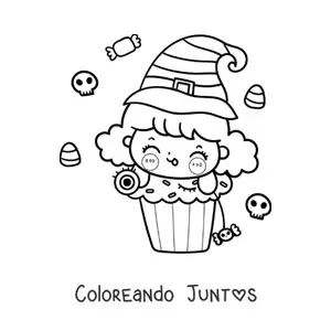 Imagen para colorear de brujita kawaii en un cupcake