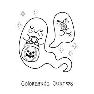Imagen para colorear de fantasmas kawaii con dulces de Halloween
