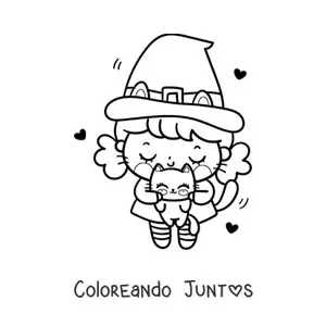 Imagen para colorear de brujita kawaii con gatito tierno