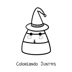 Imagen para colorear de dulce de Halloween animado con sombrero de bruja