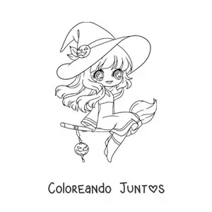 Imagen para colorear de bruja kawaii estilo anime volando en su escoba