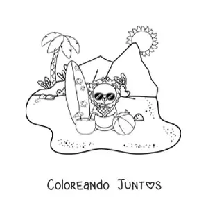 Imagen para colorear de un león animado en la playa tomando jugo de piña