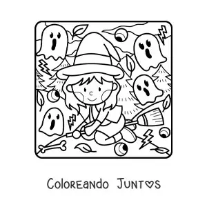 Imagen para colorear de bruja kawaii volando en escoba