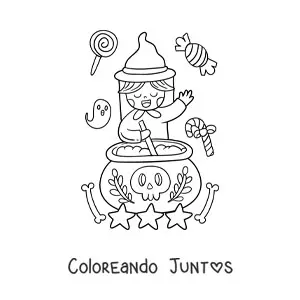 Imagen para colorear de bruja kawaii con caldero