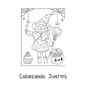 Imagen para colorear de bruja de Halloween kawaii con dulces