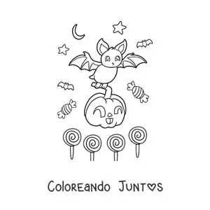 Imagen para colorear de murciélago animado con calabaza y dulces de Halloween