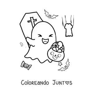 Imagen para colorear de fantasma kawaii con dulces de Halloween