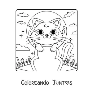 Imagen para colorear de gato kawaii en una tumba en Halloween