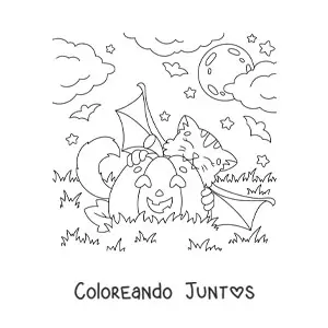 Imagen para colorear de gato kawaii mordiendo una calabaza de Halloween