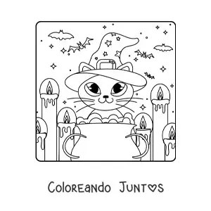 Imagen para colorear de gato kawaii con caldero de bruja con velas