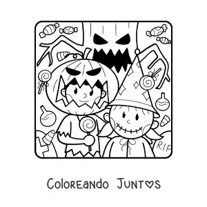 Imagen para colorear de niños disfrazados de monstruos en Halloween