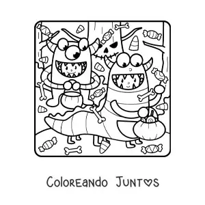 Imagen para colorear de niños disfrazados de monstruos en fiesta de Halloween