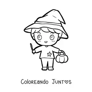 Imagen para colorear de niño con disfraz de hechicero en Halloween