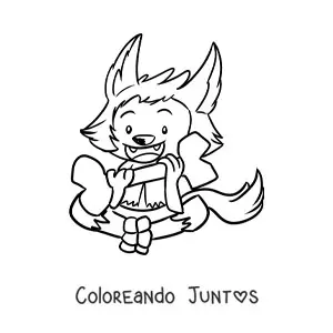 Imagen para colorear de hombre lobo kawaii con un hueso