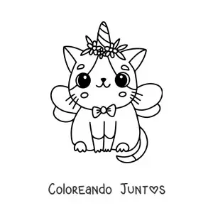 Imagen para colorear de gaticornio kawaii con alas