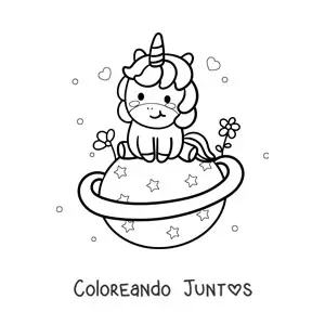 Imagen para colorear de unicornio kawaii sentado en un planeta