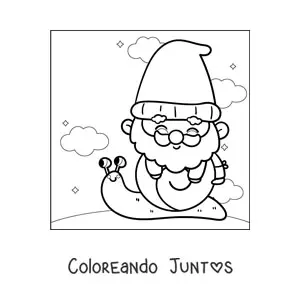 Imagen para colorear de gnomo kawaii sobre un caracol