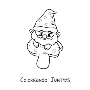 Imagen para colorear de gnomo kawaii sobre un hongo
