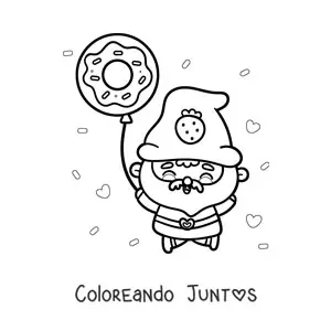 Imagen para colorear de gnomo kawaii con un globo de dona